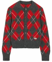 Wool Cardigan in Red Argyle Carbon Grey/Ruby Red (W)