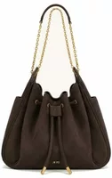 Faux Suede Quilted Chain Bucket Bag Dark Brown