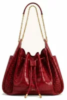 Ruched Drawstring Chain Bucket Bag Dark Red Croc