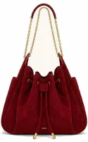 Faux Suede Quilted Chain Bucket Bag Dark Red