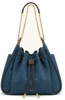 Ruched Drawstring Chain Bucket Bag Dark Blue Denim