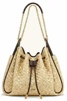 Faux Straw Ruched Drawstring Chain Bucket Bag Brown