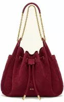 Faux Suede Weaving Ruched Drawstring Chain Bucket Bag Dark Cherry