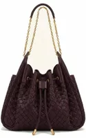 Weaving Ruched Drawstring Chain Bucket Bag Dark Cherry