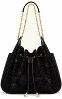 Artificial Crystal Ruched Drawstring Chain Bucket Bag Obsidian