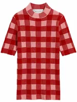 Checkered Wool and Cotton Short Sleeve Sweater Soft Pink/Ruby Red (W)