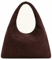 Faux Suede Woven Shoulder Bag Dark Brown