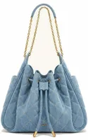 Ruched Quilting Drawstring Chain Bucket Bag Blue Denim
