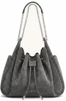 Faux Suede Drawstring Chain Bucket Bag Smog Gray Croc