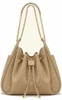 Faux Ostrich Grain Ruched Drawstring Chain Bucket Bag Oak Brown