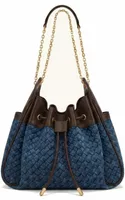 Weaving Ruched Drawstring Chain Bucket Bag Sea Blue Denim