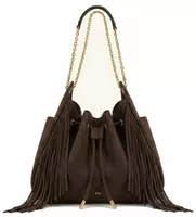 Faux Suede Tassel Ruched Drawstring Chain Bucket Bag Amber Brown