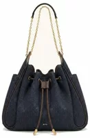 Ruched Drawstring Chain Bucket Bag Black Blue Denim