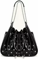 Studded Ruched Drawstring Chain Bucket Bag Shiny Black