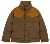 Nylon and Cotton Down Jacket with Leather Panels Chocolate Brown