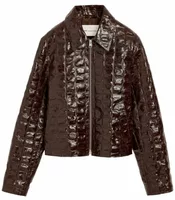 Crocodile Embossed Cowhide Leather Zipped Jacket Dark Cherry